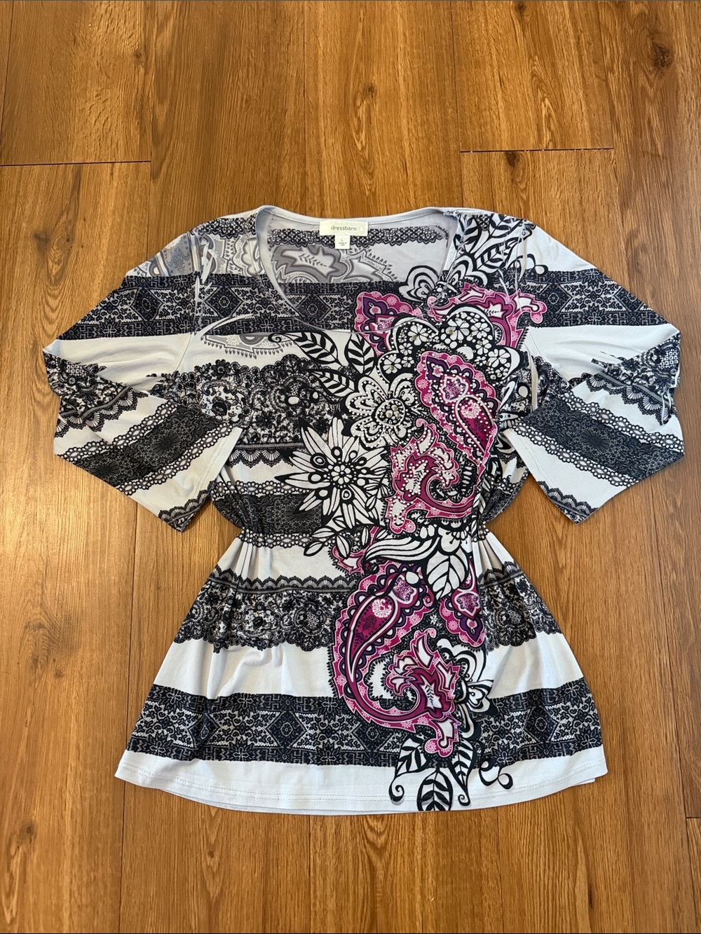 Dress Barn Black & White Tunic with Pink Paisley Accent